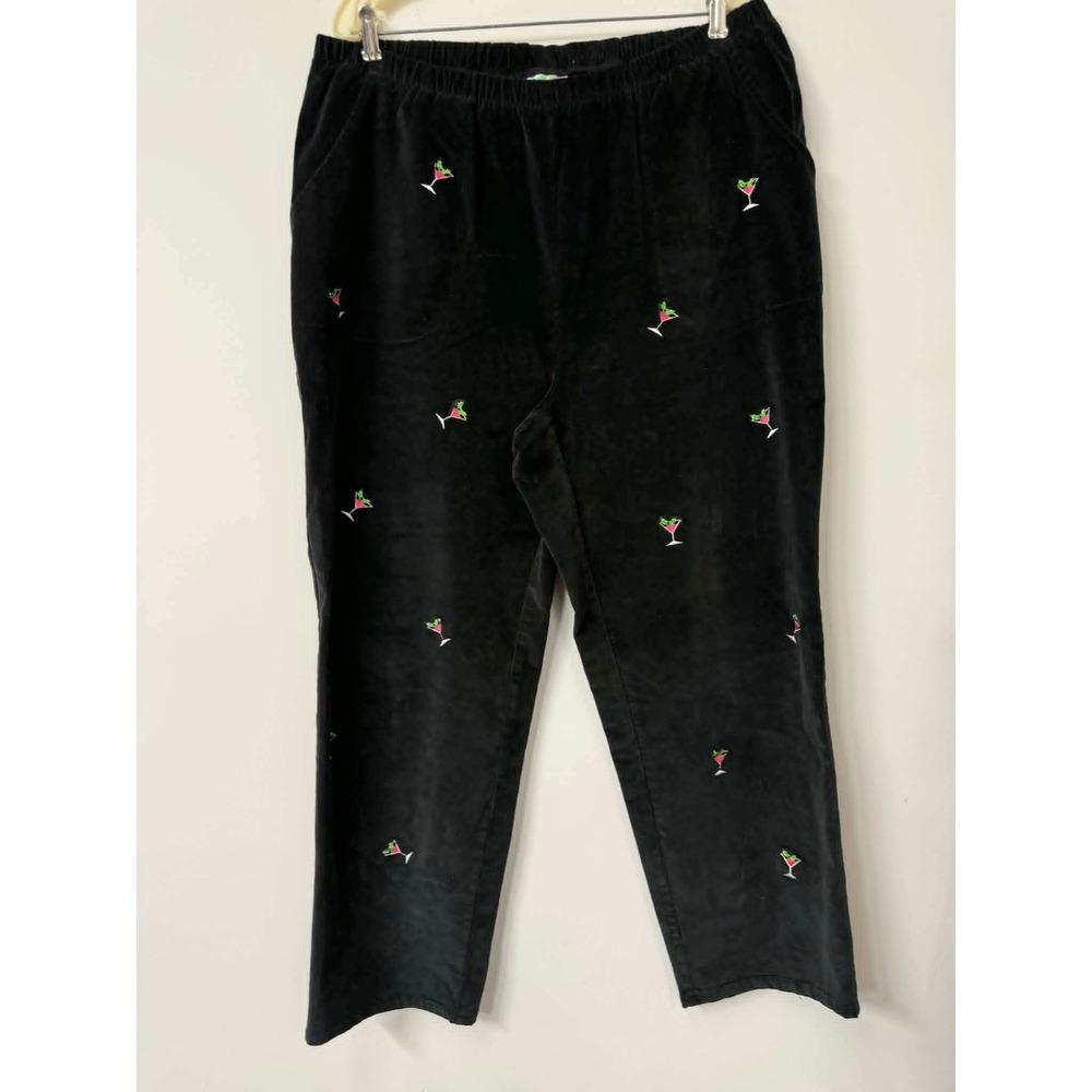 Quacker Factory 1XMartini Embroidered Corduroy Pants Black Elastic Waist Pull on